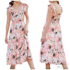Boutique By the River Large Pink Watercolor Floral Shoulder Tie Midi Dress